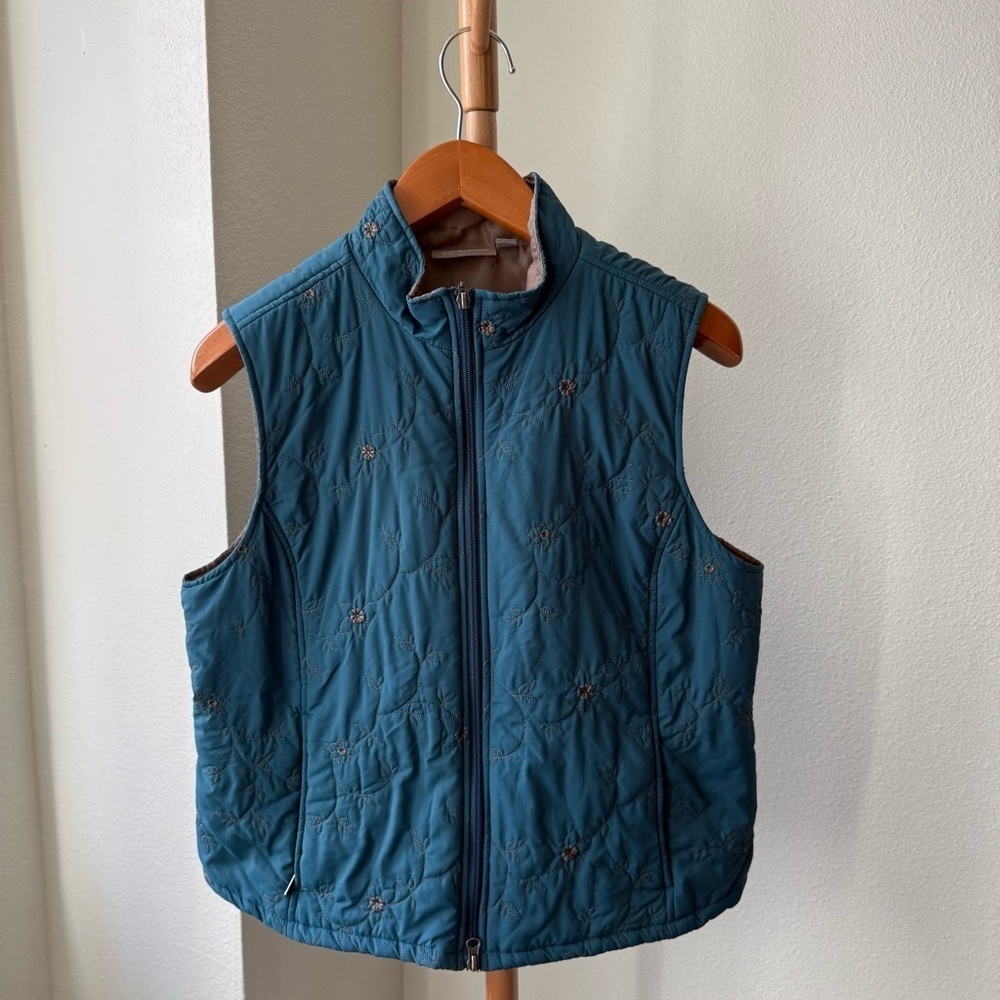 Vintage Croft & Barrow Blue Teal & Brown Embroidered Vest Women’s Petite Size L